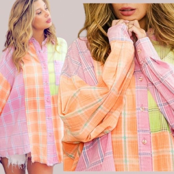 Bleach Washed Check Plaid Color Blocked Beachy Button Front Shirt - Picture 1 of 9